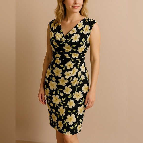 Ralph Lauren Navy Sleeveless Cowl Neck Yellow Floral Dress, size 2 - Picture 1 of 13